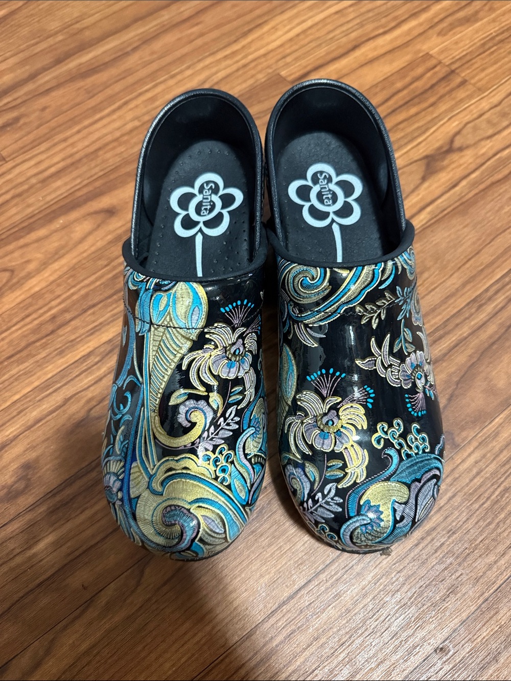 Sanita Black Floral Embroidered Mules with Blue and Gold Accents